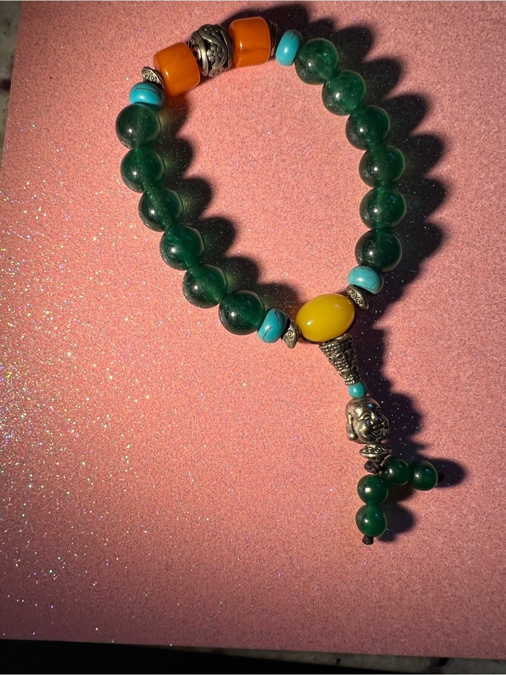 Green Beaded Bracelet with Turquoise and Amber Accents like new Firm price